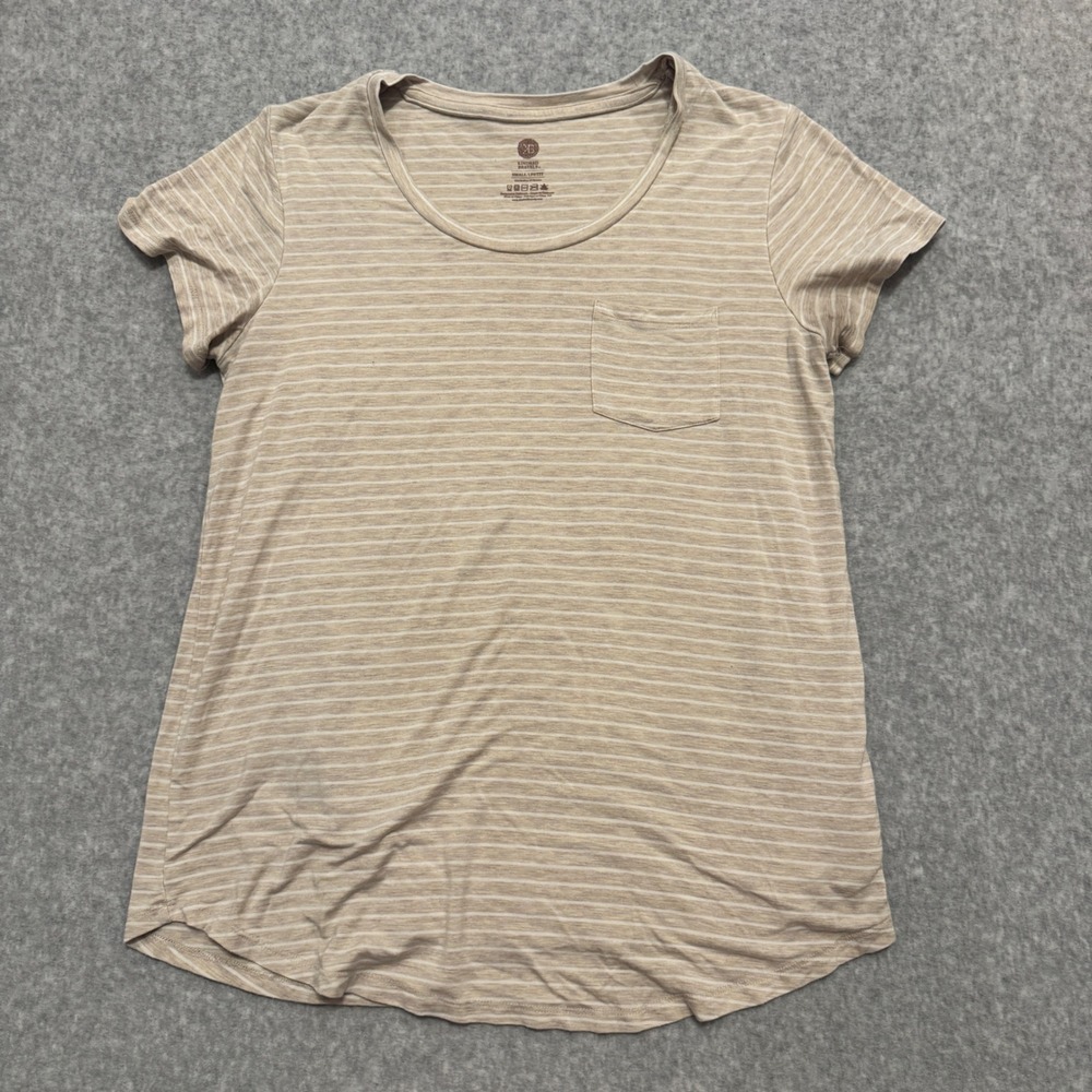 Kindred Bravely Nursing Maternity T-Shirt Tan White Striped Bamboo Small